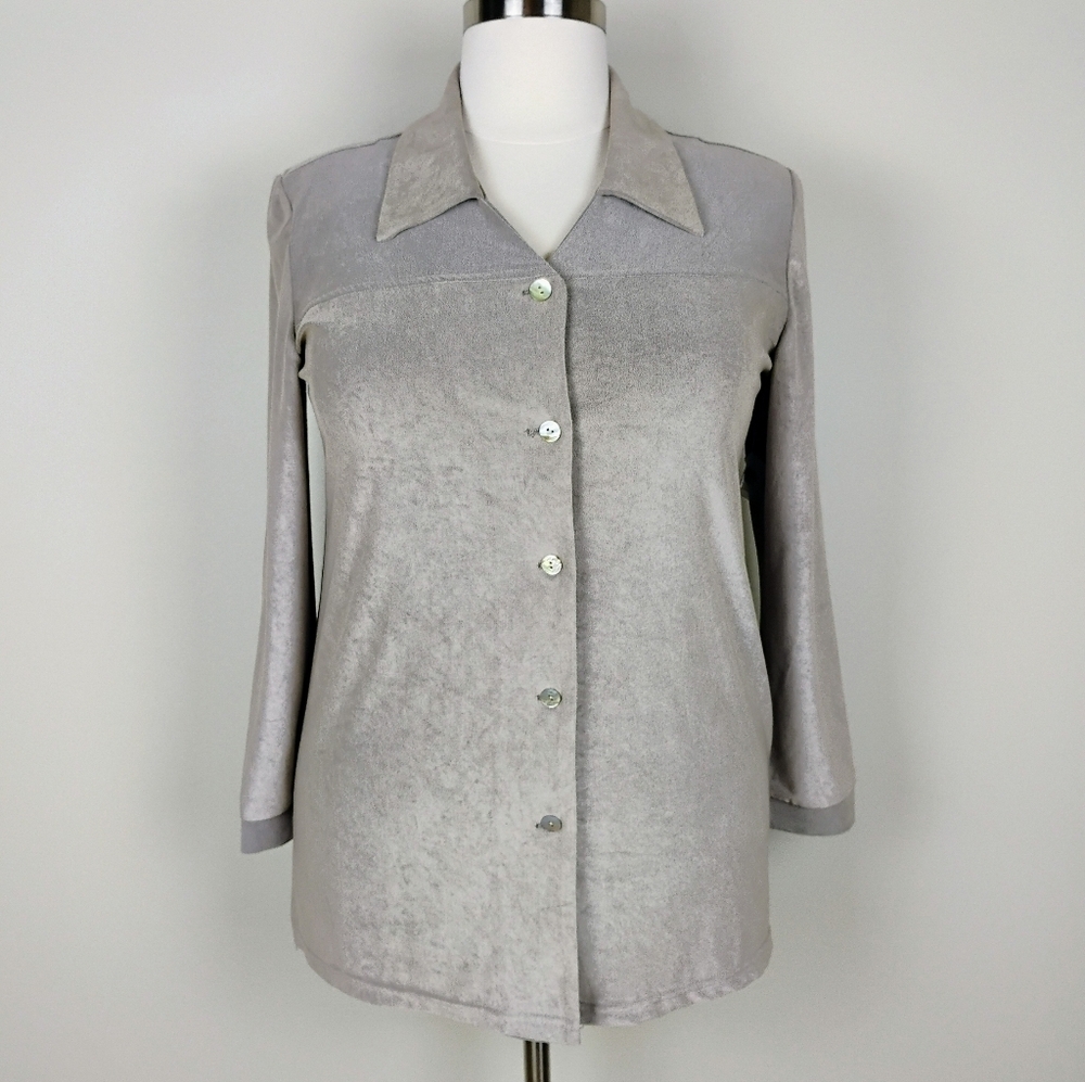 Worthington Vintage NWOT Velveteen Blouse‎ Sz 16 Taupe Button Up Collared Office